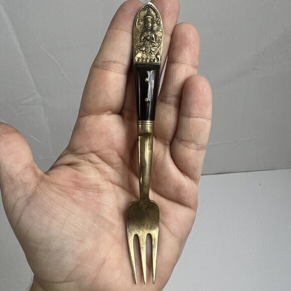 Vintage Siam Flatware Asian Thai Brass And Teakwood  HANDLE- Small Fork Cheese - Picture 1 of 10